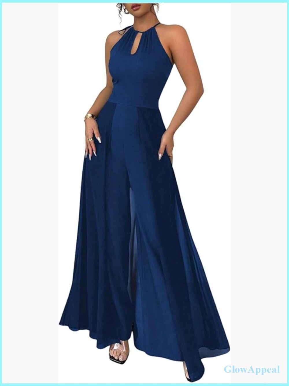 Wide Leg Halter Jumpsuit with Keyhole Front - Elegant Dressy One Piece Outfit